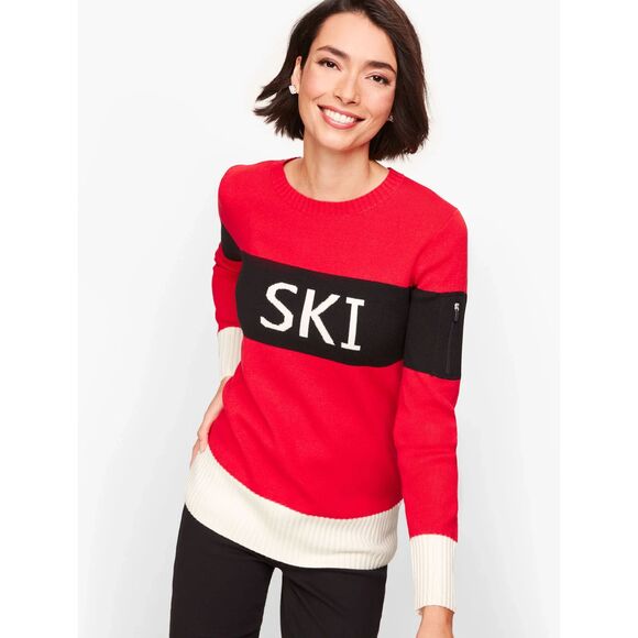 Talbots Sweaters - Talbots Plus 2X Red Black Ski Chalet Colorblock Crewneck Sweater